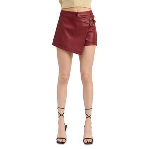 En Saison Women Faux Leather Asymmetrical Wrap O-Ring Skort XS Burgundy Wine Red